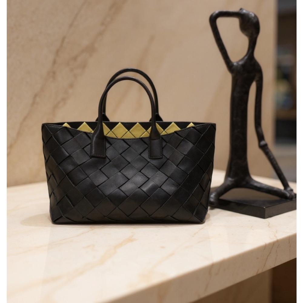 🖤 Lola Luxe Woven Leather Tote with Yellow Interior